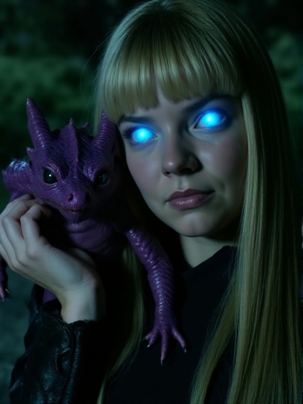 magik,  a woman with blond hair and a bangs,  blue glowing eyes. Closeup face portrait. She carries on her shoulder a smal...