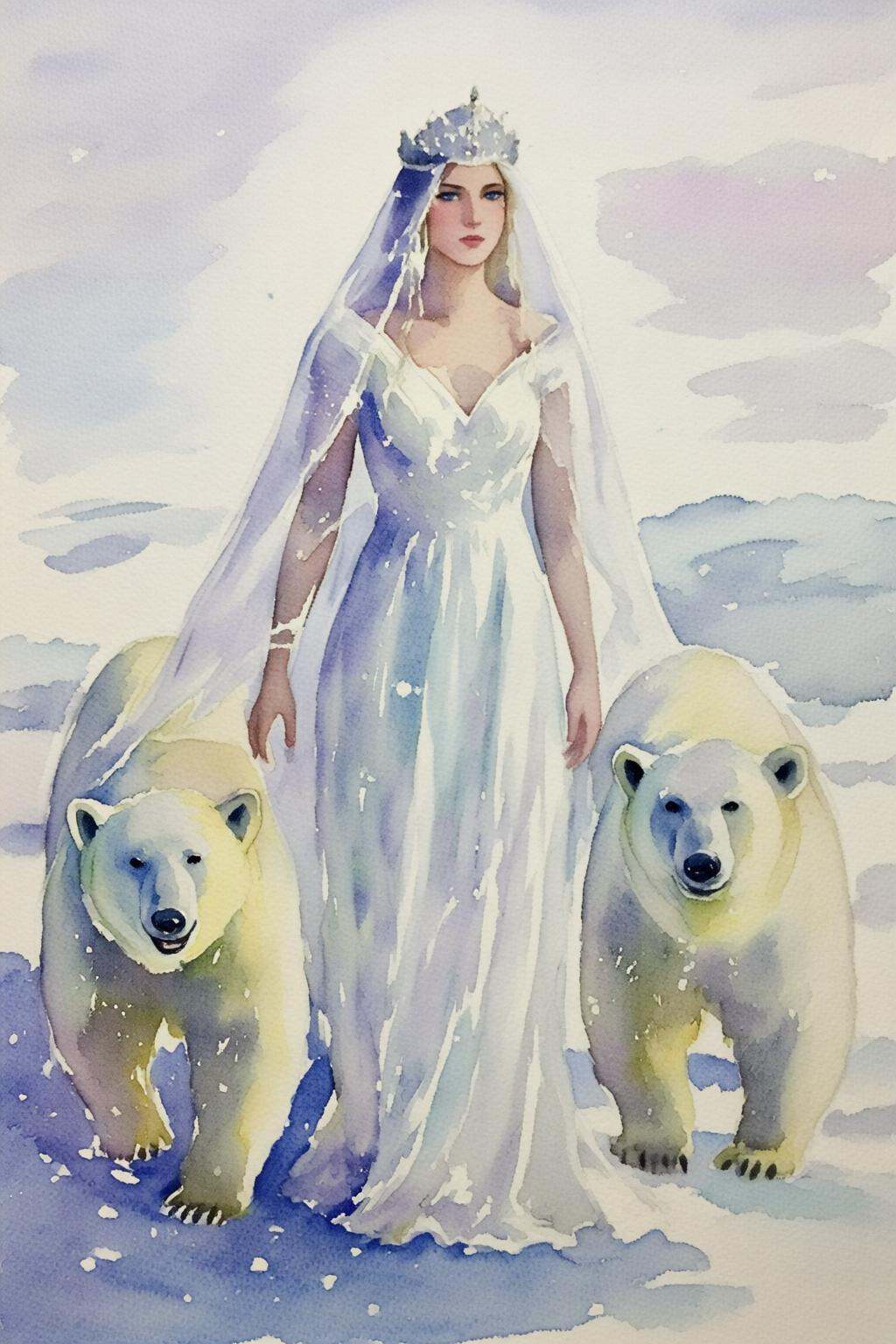 watercolorbasic2q watercolor painting. dulac1. A Snow Queen with an ethereal appearance. She is dressed in a flowing,  lon...