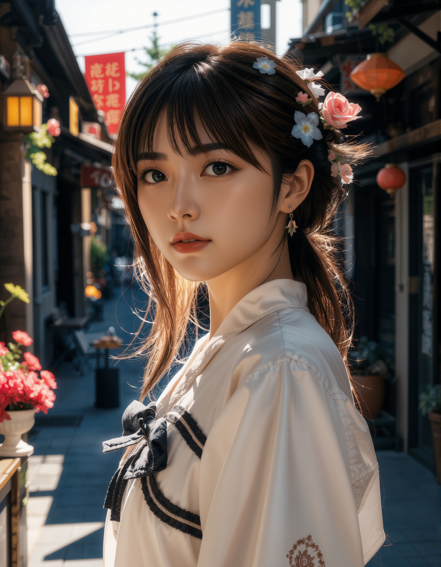 A photograph of an incredibly beautiful 18-year-old girl with long,  stylish gradient brown hair,  standing confidently at...