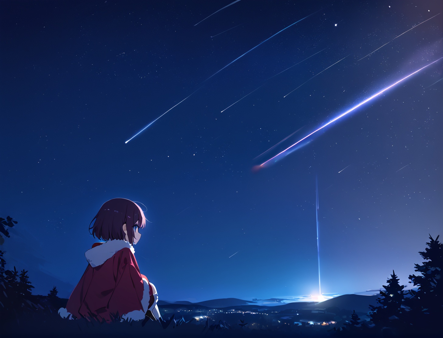 1girl,smile,(((Meteor Shower))),falling star,darkness,night,sitting,light smile,furry,Michiru,girl,burgundy hair,short hair,blue eyes,Thin,skinny,CHRISTMAS clothes,(masterpiece),(best quality),8k illustration,alone,1 girl,full body,sleeves,big sleeves,stargazing,Light,detail,atmosphere,effects,color. darkness,night,