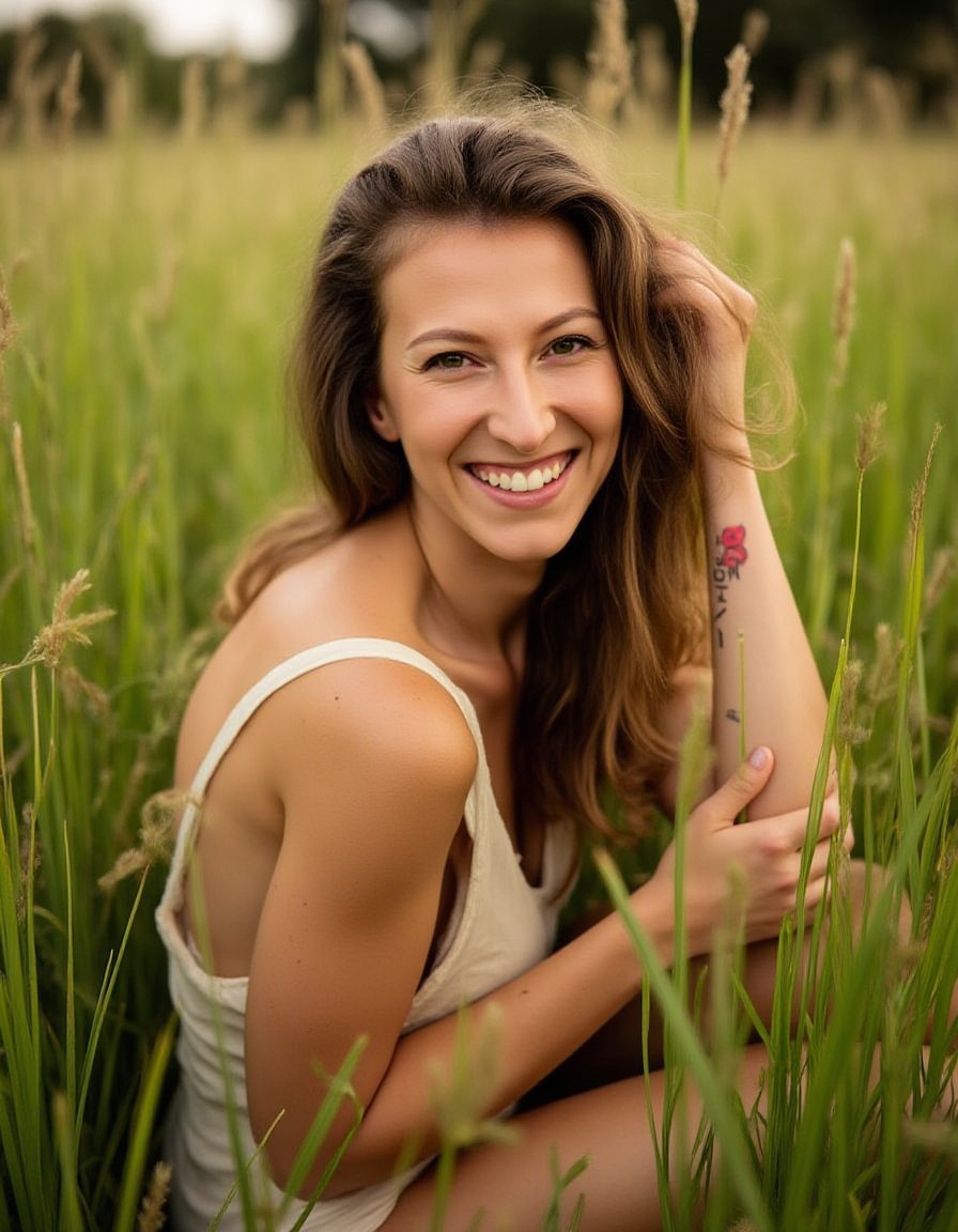 A captivating portrait of a young woman seated amidst tall,  lush grass,  exuding a sense of joy and connection with natur...