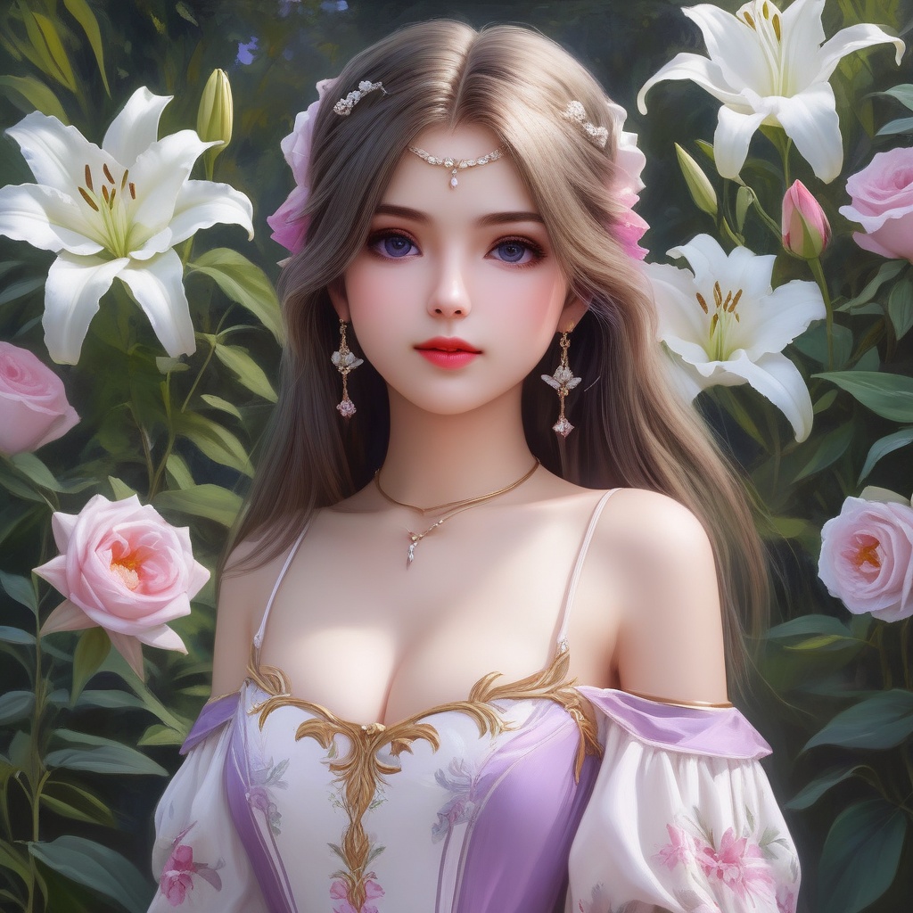 <lora:837-DA-XL-斗罗大陆-千仞雪-幼年:0.8>, (,1girl, ,best quality, ),,  ,ultra detailed 8k cg,ultra realistic 8k cg,1girl, solo,(bare shoulders:0.85),(masterpiece, best quality),((oil painting style)),sexy young lady,(beautiful face and eyes),(upper body:1.5),(whole body:1.05),(single person:1.2),surrounded by flowers, (lily), roses, floret, vegetation, white, purple, purplish pink,Impressionism,colorful,(Breast size:1.3),(cleavage),,