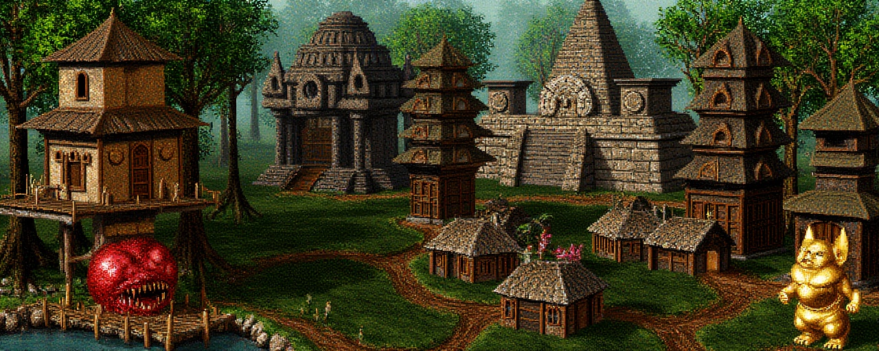 Original HoMM2 style town screen of a mystical swamp village with a variety of intricately designed structures. The layout...