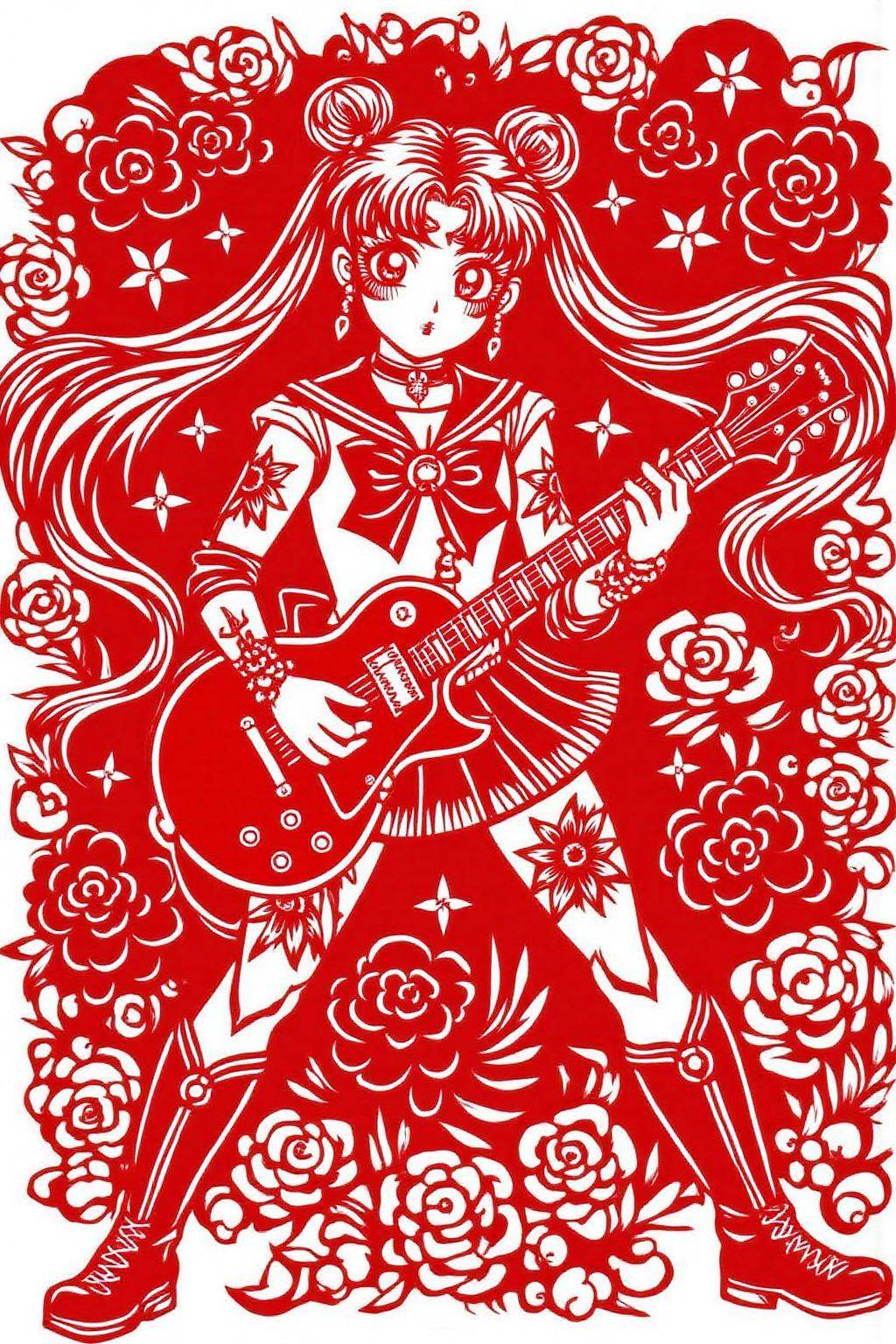 papercut art. punk sailor moon playing a guitar at a heavy metal mosh pit,  tattoos,  piercing. on Tensor.Art