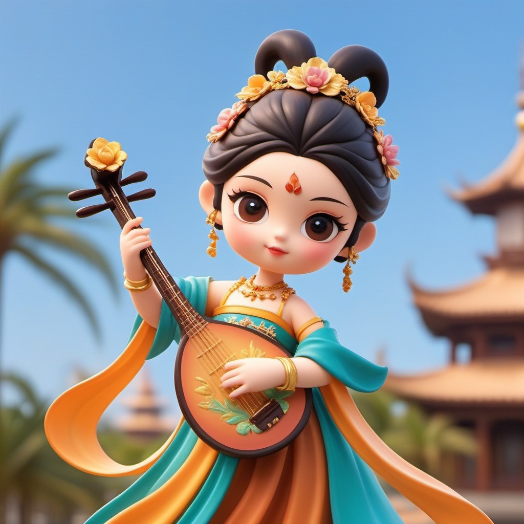 Q edition,shinv, A cute anime-style digital pic features a young girl with a round face and big, expressive brown eyes. She's got fair skin and jet-black hair done up in a fancy bun with a floral hairpiece. She's rocking a traditional Chinese outfit with a golden top and a flowing, teal skirt. In her right hand, she's holding a lute, while her left hand is waving. The background is a soft-focus scene with palm trees and a pagoda-style building, giving off an exotic, chill vibe. The style is all about cute, detailed, and vibrant.<lora:shinv_v1:0.8>,