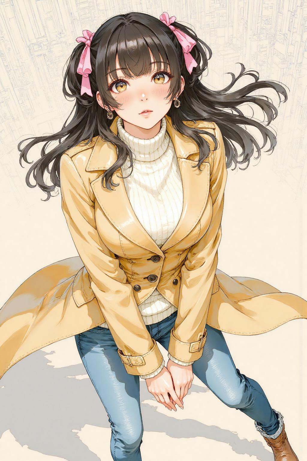nijiwatercolor2 anime illustration.Overhead view of a young woman with long black hair tied into twin ponytails with pink...