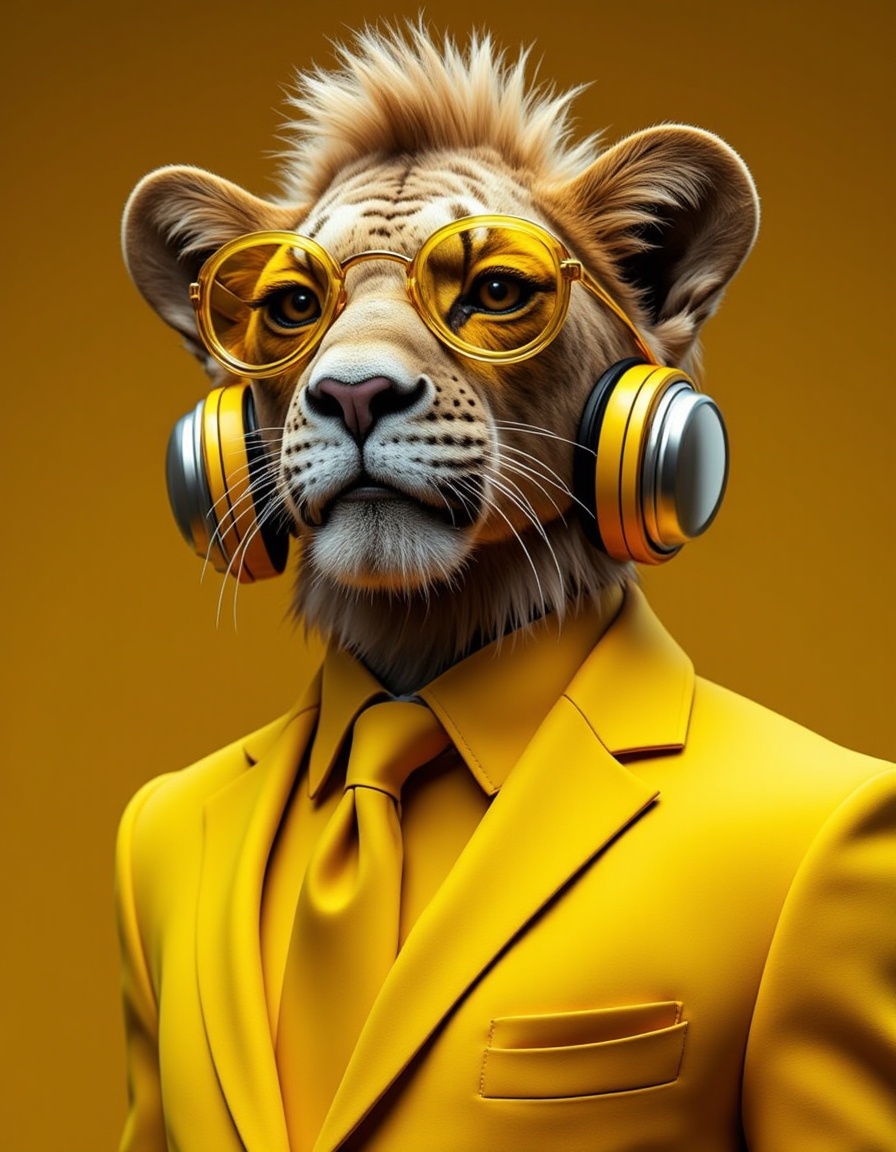 Studio_Punkji,  The image is a realistic photograph that showcases a roaring futuristic punk lion dressed in a yellow suit...