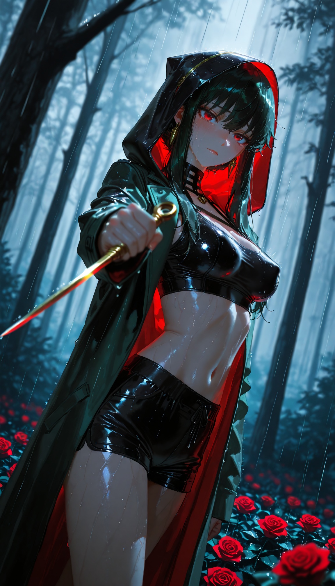 Yor Briar_\(Spy x Family\),dynamic pose,dynamic angle,Assassin girl,cute,shorts,sports bra,long coat,hood up,holding a dagger,rose decoration,delicate,sad expression,tears,flushed cheeks,staring,hair and clothes wet with rain. The background is a field of roses,wet with rain,raining.,perky breasts,artwork,dark and sad environment,very detailed image,realistic lighting,realistic shadows,(in the forest:1),contour light,dutch angle,Luxury product style texture masterpiece,(artist:quasarcake:0.8),(wlop:0.6),(kamiyama aya:1),masterpiece,best quality,amazing quality,lazypos,lazyup,high detail,subtle,high contrast,colorful depth,chiaroscuro,impasto,(shallow depth of field:1.4),(foreshortening:1.4),