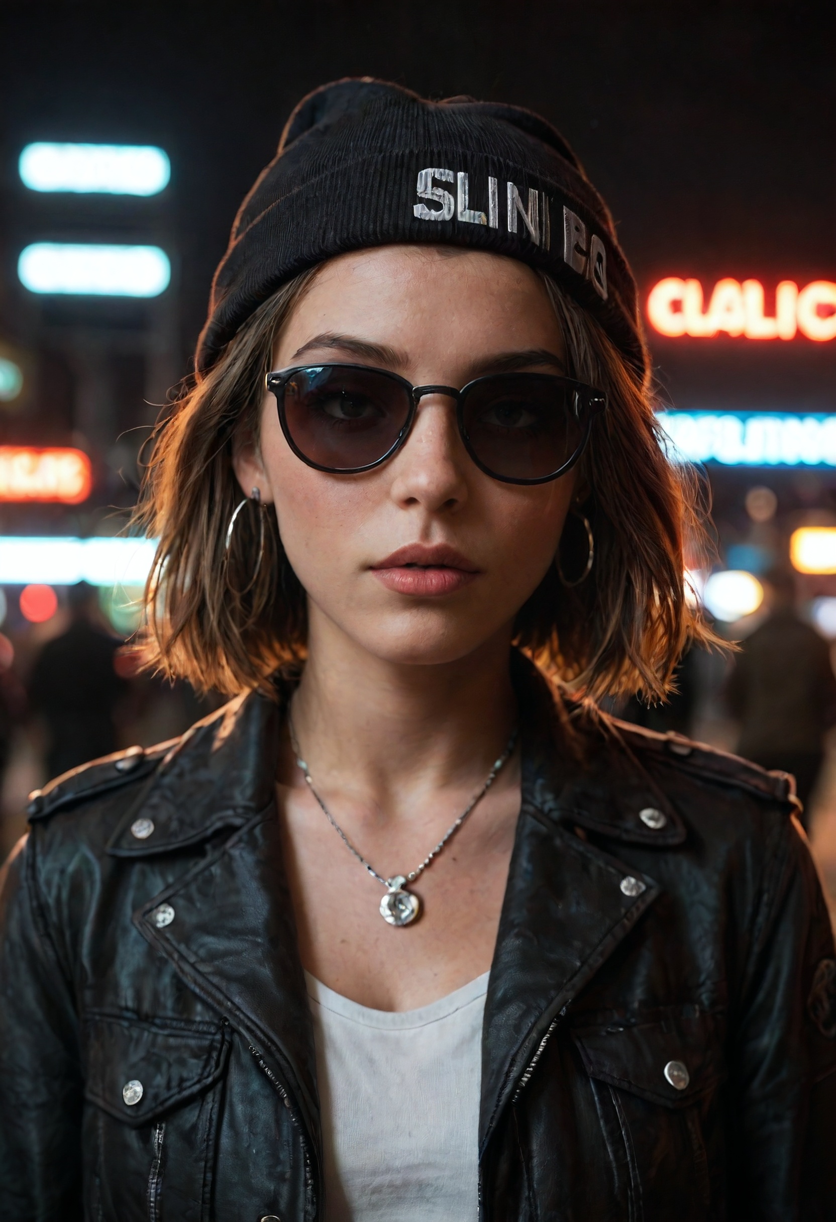 score_9, score_8_up, score_7_up, face close up, alternative girl, watching over black sunglasses, jacket, necklace, neon light reflections on skin, ear ring, makeup, skin imperfection, short hair, beanie, neon lights background, low light, depth of field, highly detailed, high contrast, film grain, Rim Lighting, Long Exposure, DSLR