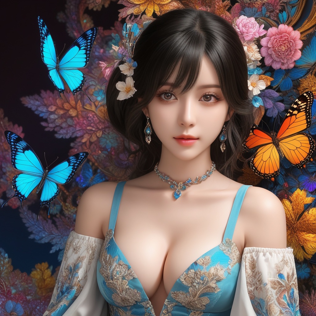 (,1girl, ,best quality, ),,,anime,(masterpiece, top quality, best quality, official art, beautiful and aesthetic:1.2), (1girl)	, , (cleavage),, extreme detailed,(fractal art:1.3),colorful, flowers ,highest detailed,()    (cleavage),butterfly,  (), <lora:823-DA-XL-国模-恶女-VIVI:0.8>,