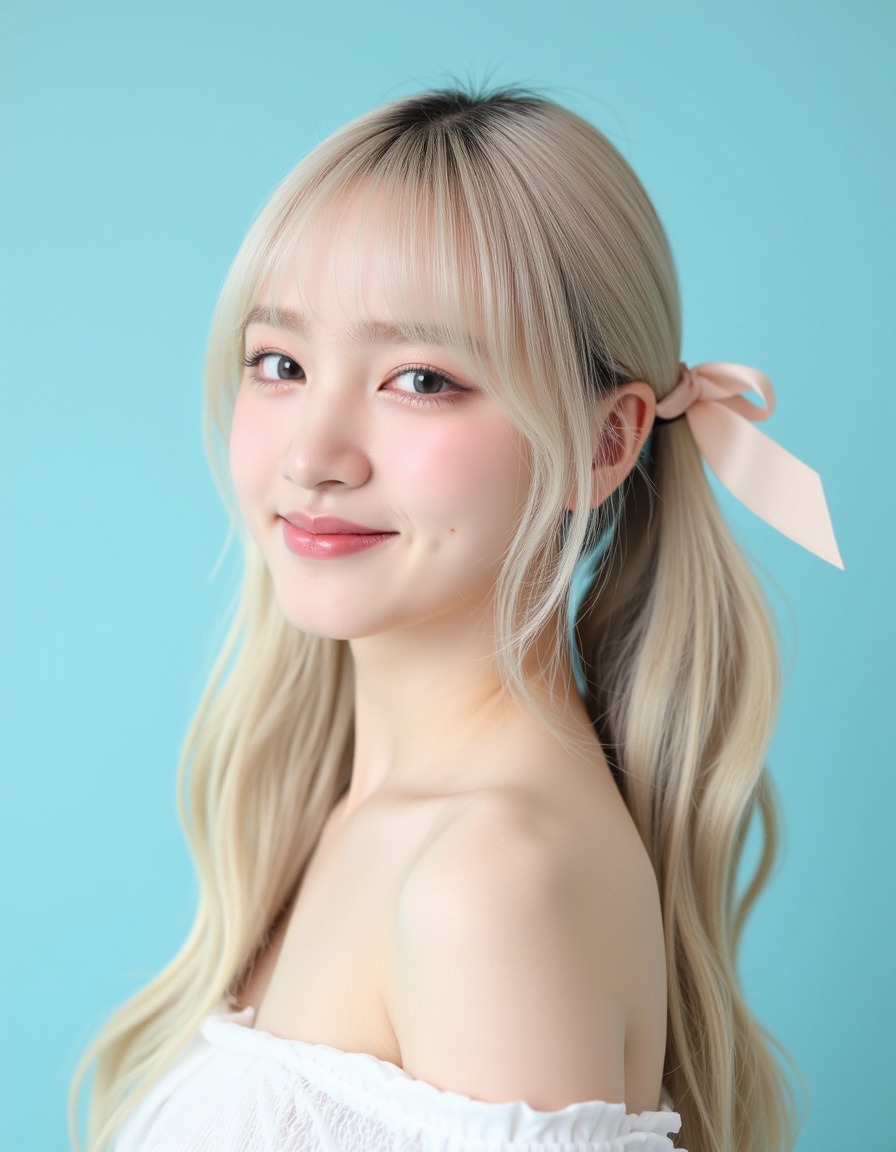 Create a closeup picture of a young woman with long blonde hair,  styled in soft waves,  standing against a pastel blue ba...