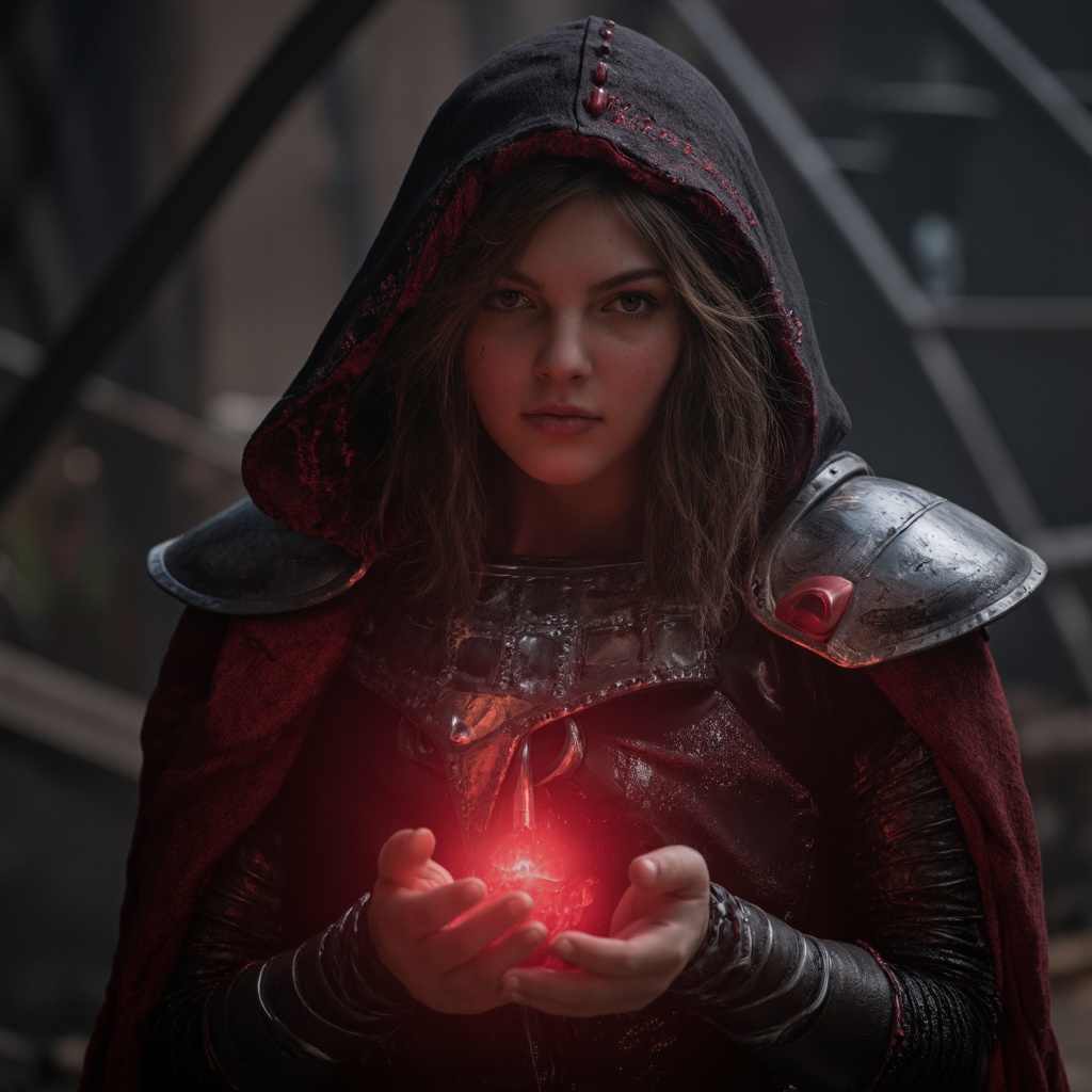 A dark, atmospheric portrayal of camren_bicondova figure in a mystical setting. She wears a hooded cloak and ornate armor with silver and red accents. The figure holds a glowing, radiant red crystal in her hands. The background is blurred, emphasizing the figure and the crystal. The color palette is dominated by deep reds and blacks, with the red crystal providing a stark contrast. The image evokes a sense of mystery and foreboding.