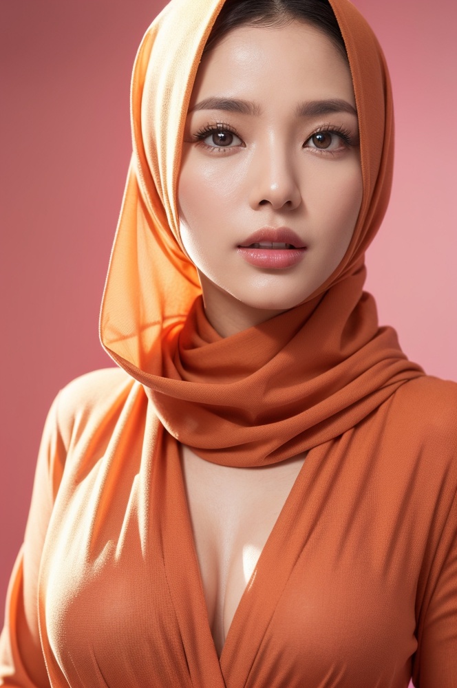 a real MALAYSIAN woman wearing a red MAXI suit hijab,  best suit HIJAB,  pink background on Tensor.Art