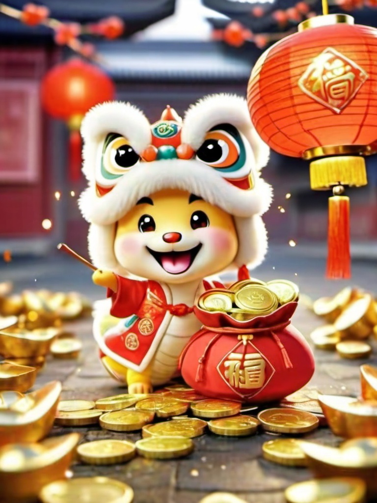 shenian,coin,hat,open mouth,chinese new year,lantern,smile,looking at viewer,brown eyes,blush,paper lantern,solo,<lora:shenian:0.8>,, masterpiece, best quality,