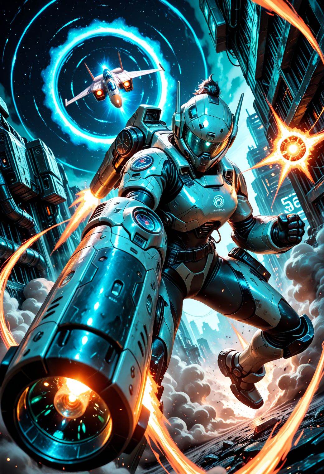 SmoothNoob_Quality,  science fiction,  mech warrior. sci-fi helmet with light blue tinted visor over face. using a jet pac...