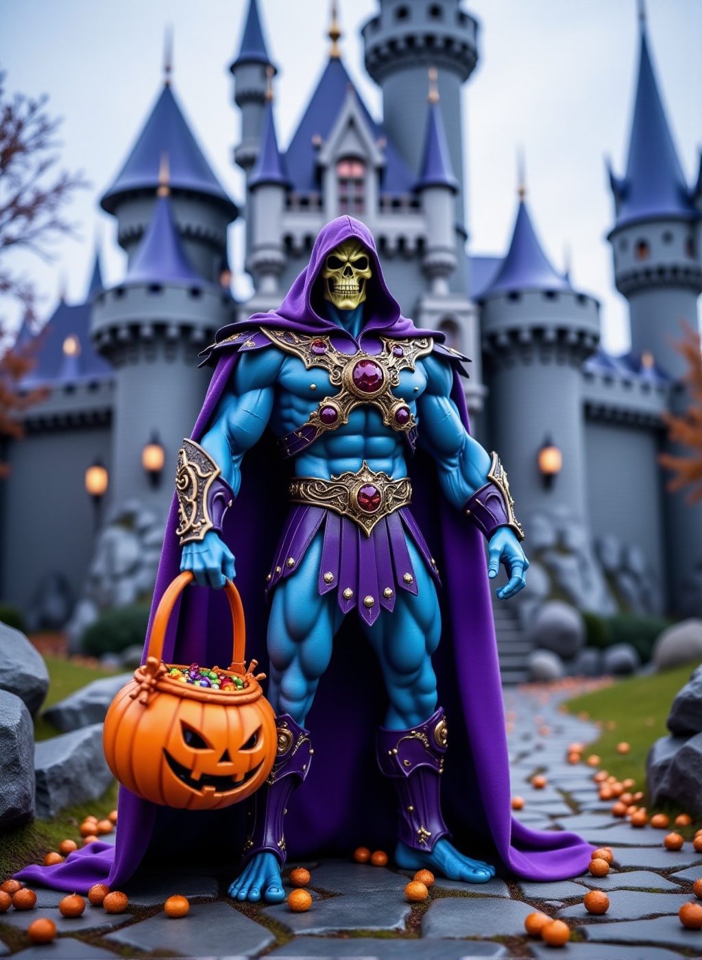 Skeletor,  Skull face and blue skin is standing holding a halloween pumpkin basket filled with candy in front of Grayskull...