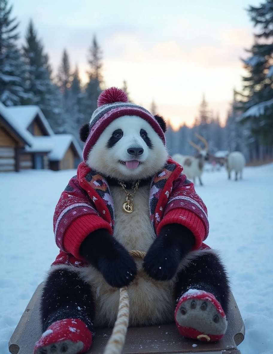 The image is a high-resolution photograph of a baby panda named Huahua,  depicted enjoying a leisurely vacation in Finland...
