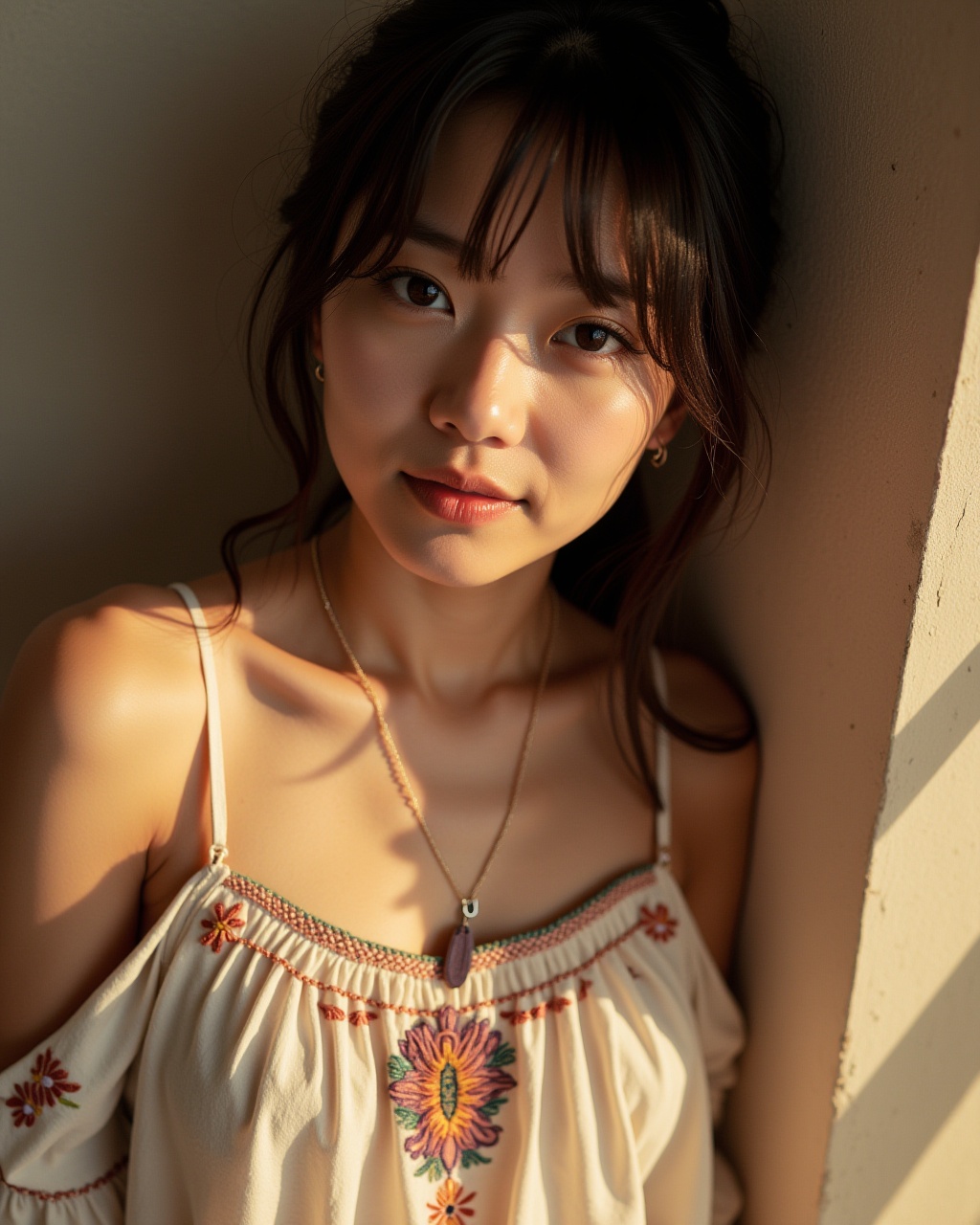 A raw photo of a K-POP asian girl wearing a style dress,  captured in a close-up shot. Her skin glows under natural light,...