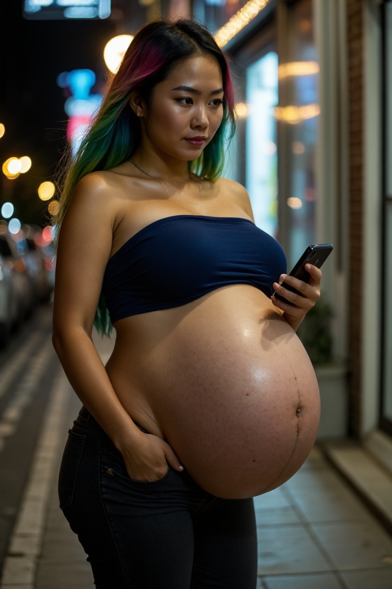 . . a of a Filipino woman wearing navy bandeau top and black skinny jeans checking their phone on a corner,  ,  (she is st...