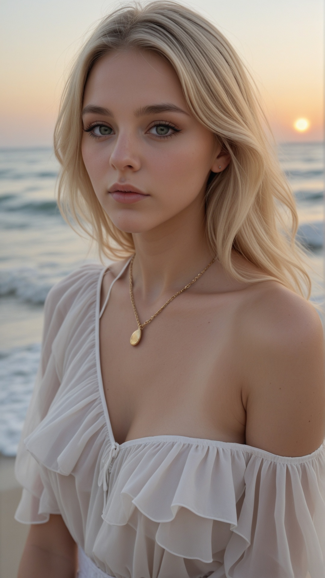 A slightly blurry portrait photo of a woman with oval face,  medium blonde hair with beach waves,  light skin on Tensor.Art