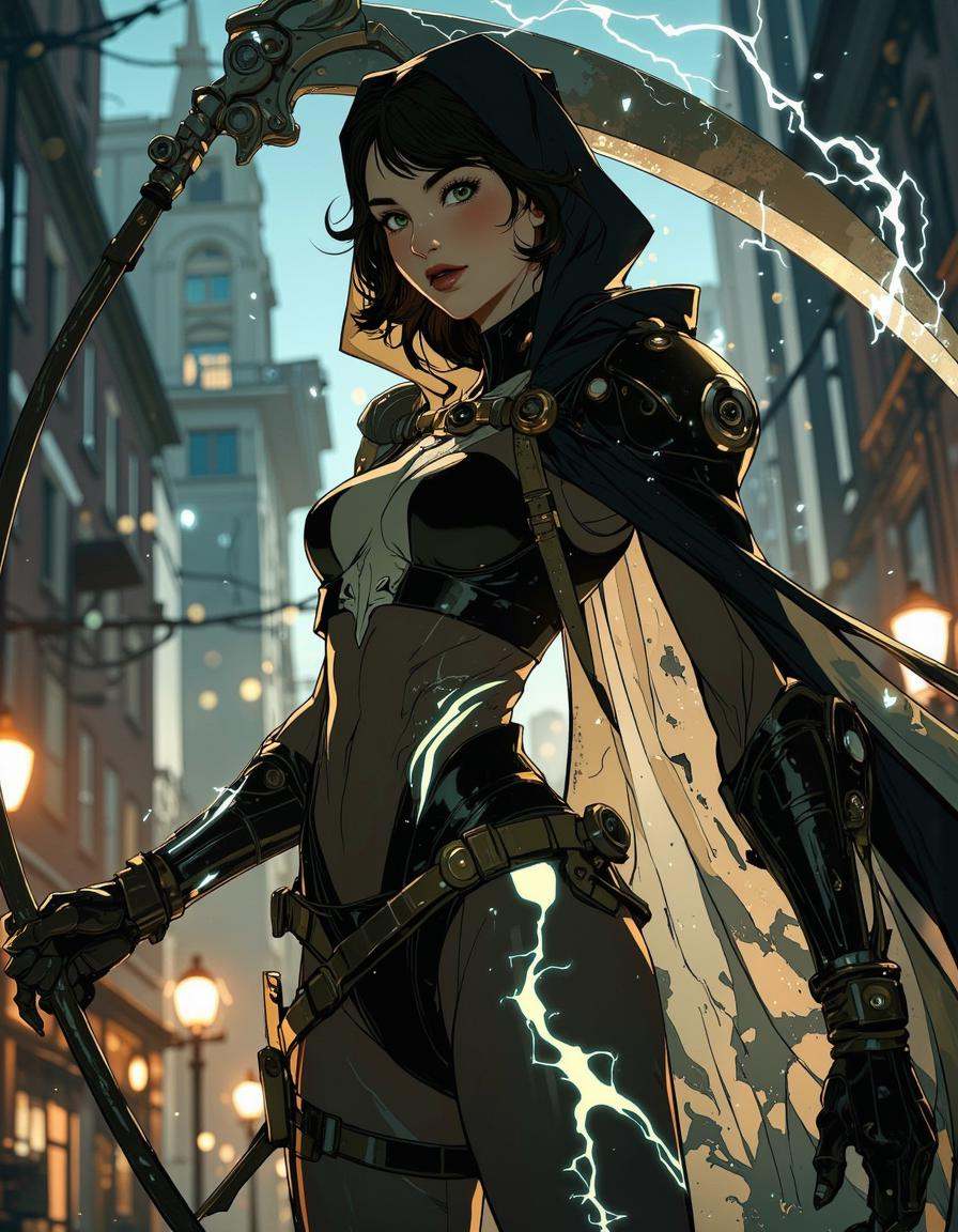 Anime art. A superheroine wearing a striking death-themed costume stands confidently in a dramatic urban setting. Her outf...