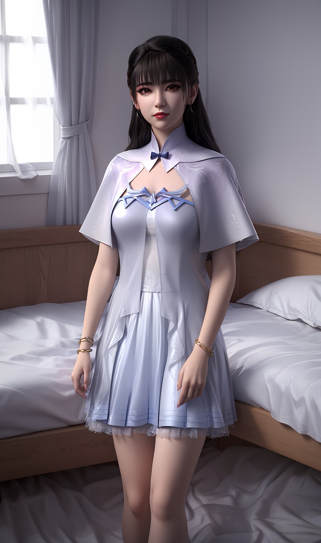 3D,masterpiece,(best quality),(makeup),official art, extremely detailed cg 8k wallpaper,((crystalstexture skin)), (extremely delicate and beautiful),(highly detailed),(face),(collar),(bracelet),(1girl), (solo), (jewelry), (earrings),(black_hair),(long_hair),(hair_ornament),(handwear),(breasts),(standing),(upper_body),(closed_mouth),(dress),(shorts_skirt),(shawl),(shiny_clothes),(long_legs),(city,indoor,(bed)),((looking_at_viewer)),((Facing the camera)),, <lora:hipoly3DModelLora_v10:0.3>