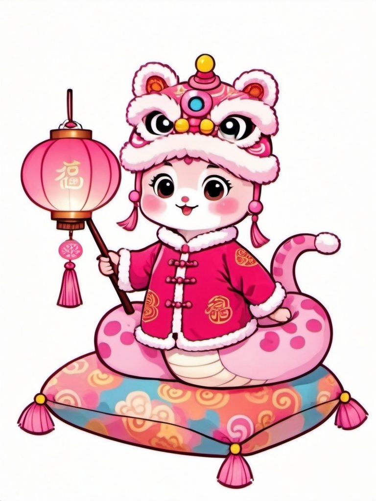 Lion dancing hats,shebaobao,A cute pink,round snake with big expressive eyes,dressed in a traditional red and white Chinese costume and wearing a lion mask. It was lying on a beautiful pillow with a lantern in its hand. The whole thing is super colorful and festive,with a soft,whimsical vibe.,,<lora:she_v1:0.8>