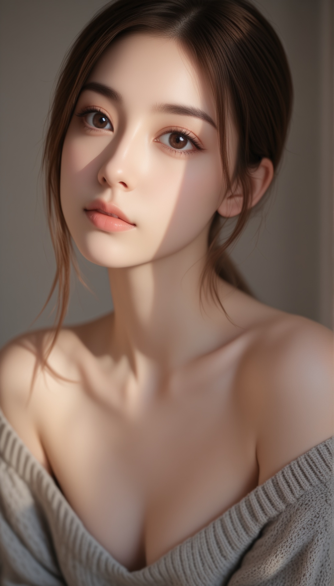 A young woman with fair skin and long,  straight brown hair styled in a loose ponytail with some strands framing her face....