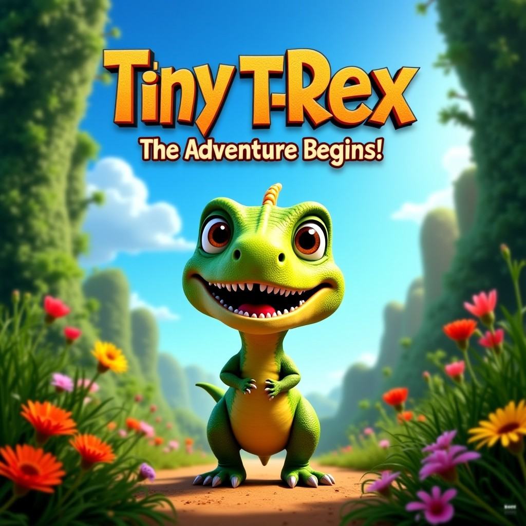 ocxdjm,  The T-Rex movie poster is titled 'Tiny T-Rex: The Adventure Begins!' Featuring a small and cute T-Rex in light gr...