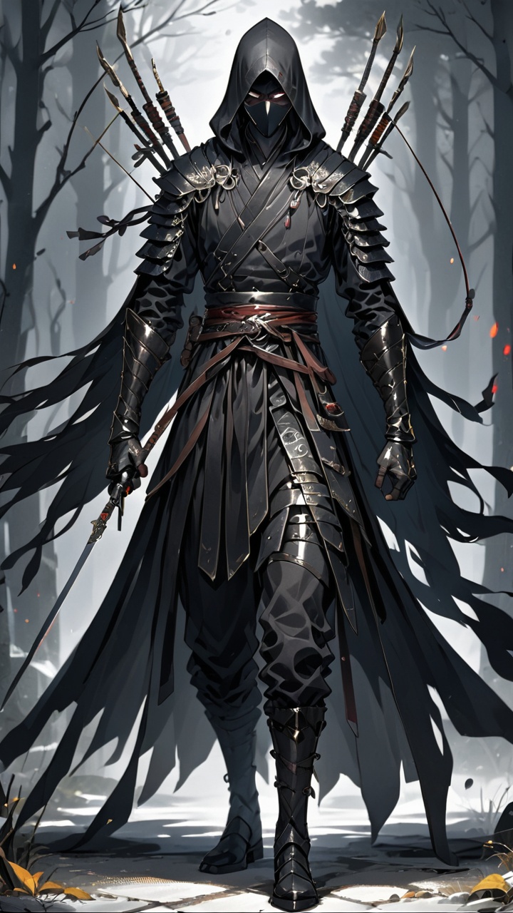 This is a vigorous and stealthy night assassin. His figure is slender and flexible, as if blending into the darkness. The assassin's face is covered by a black mask, revealing only a pair of sharp eyes like those of a hawk, showing coldness and determination in his gaze. His hair is short and neat, as smooth as black satin, slightly combed backward, making him look more capable. The assassin is dressed in a set of black tight-fitting night clothes. The fabric is light and has good flexibility, allowing him to move freely without any hindrance. The night clothes are decorated with exquisite silver patterns that are faintly visible, adding a touch of mystery. Around his waist is a black leather belt, on which various hidden weapons and tools are hung, such as sharp daggers and small poison needle tubes. On his back, he carries a black longbow, with the bowstring taut, as if ready to shoot a fatal arrow at any moment. The assassin wears black leather wrist guards on his wrists, with small metal pieces embedded on them, which not only provide certain protection but can also be used as weapons for attack at critical moments. His feet are clad in black soft-soled boots. The **** of the boots is thin and soft, making him walk silently.
