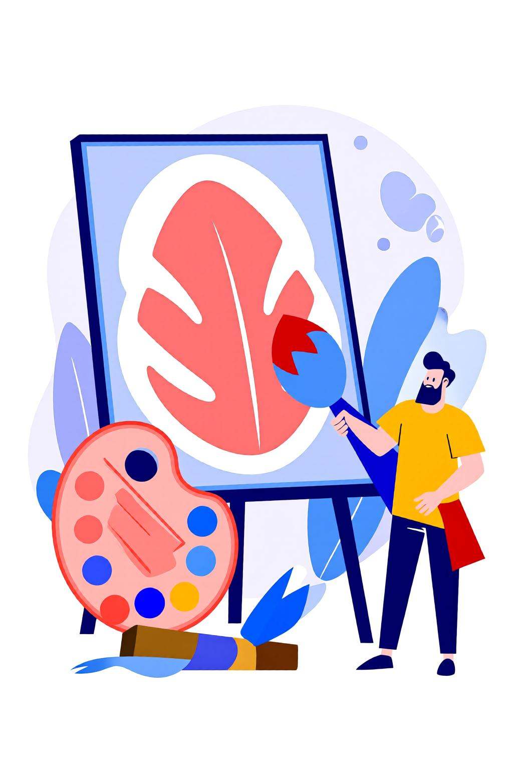 flatcolorvectorart2q illustration.A bearded man is holding a brush and a paint palette. A large canvas behind them feature...