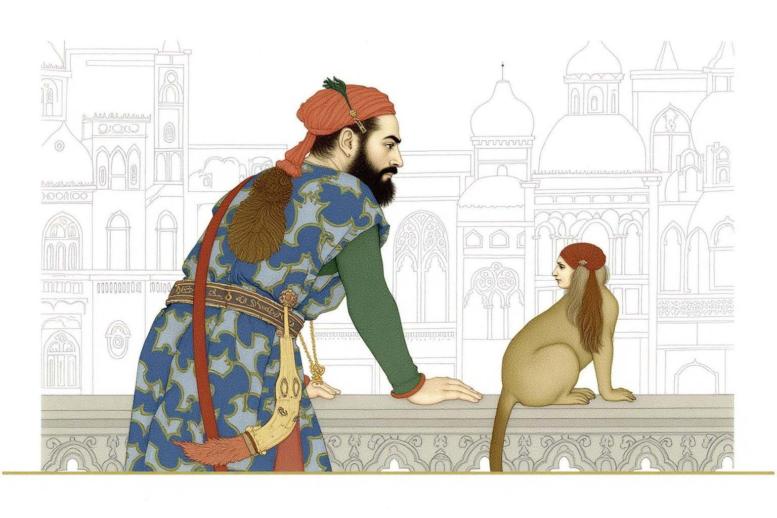 olgadugina1 illustration. On the left is a bearded Middle Eastern man,  shown in side profile,  wearing traditional Ottoma...