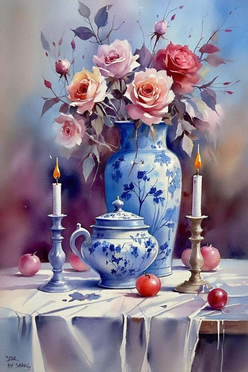 A still life watercolor that displays Thomas Schaller's signature style,  the painting depicts a vase filled with roses an...