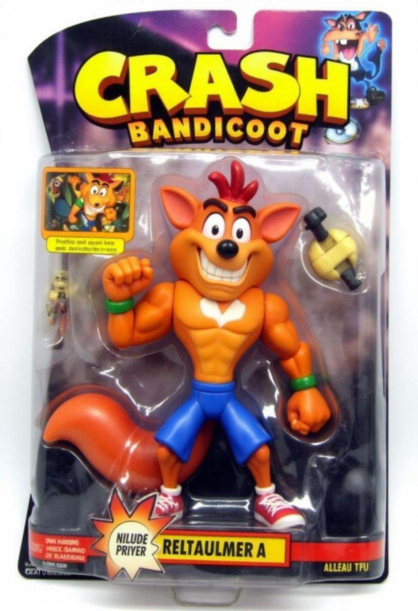 The image is a photograph of a packaged action figure of Crash Bandicoot. on Tensor.Art