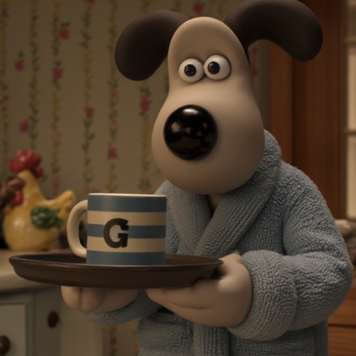 Claymation style image of Gromit dog holding a tray with a striped mug labeled with the letter "G." Gromit is dressed in a...
