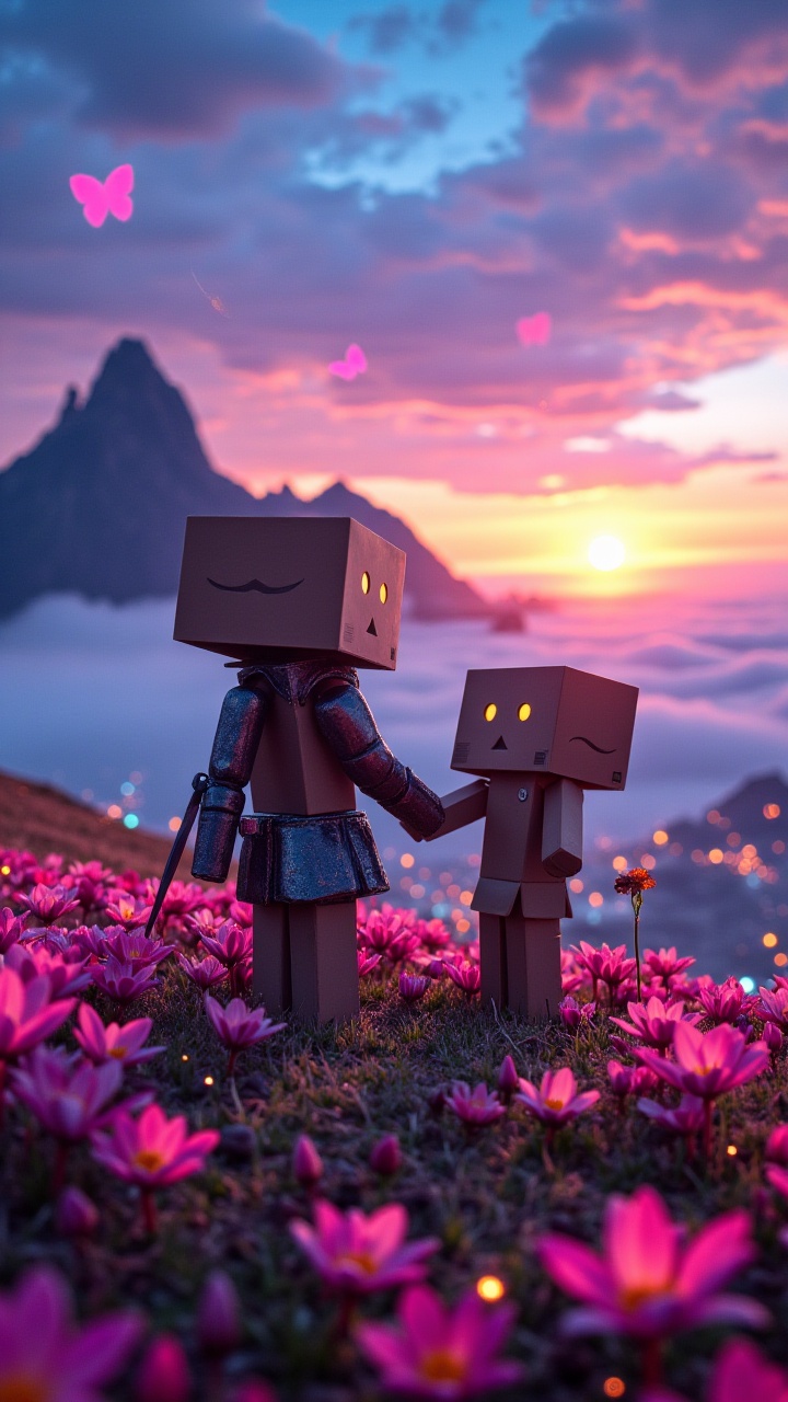 "aidmaDanbo standing on a mountain peak at sunset,  gazing into the horizon,  epic clouds swirling behind." "Romantic scen...