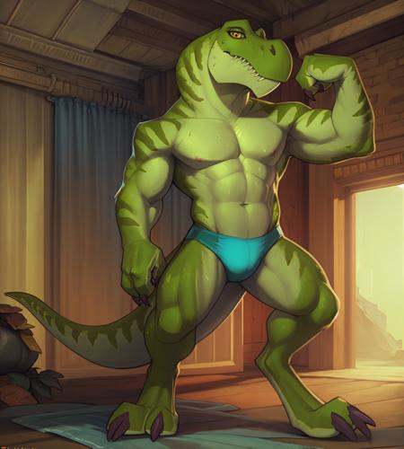 this photograph depicts a kan3 flexing looking smug ,  kan3,  scalie on Tensor.Art