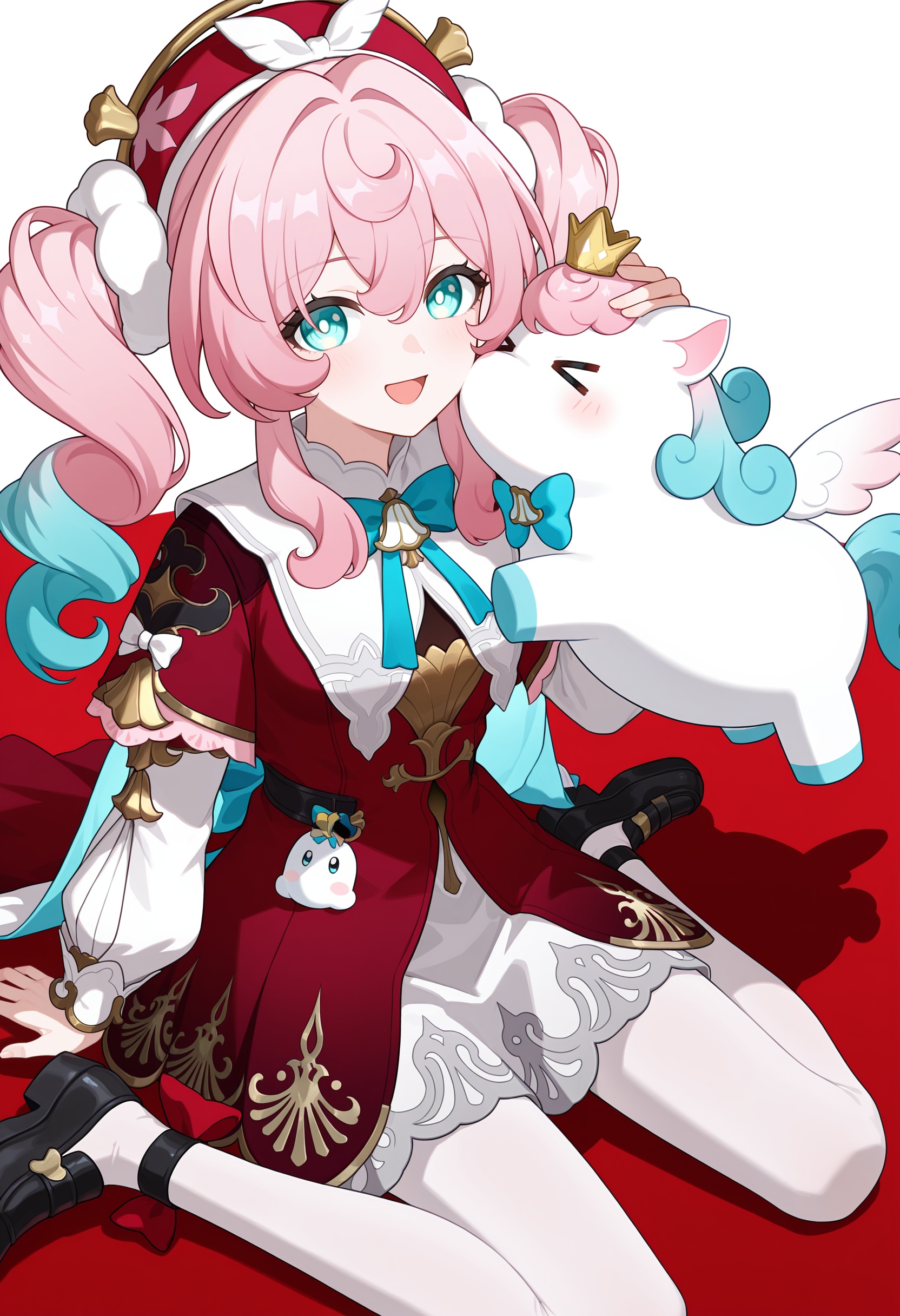 <lora:hal illustrious-1.0-000050:1>,little ica \(honkai: star rail\),hyacine \(honkai: star rail\),pink hair,smile,red dress,twintails,open mouth,looking at viewer,long sleeves,red hat,blue bow,bowtie,long hair,blue bowtie,hair between eyes,blush,:d,solo,ribbon,aqua eyes,hand up,multicolored hair,blue eyes,blue hair,cowboy_shot,white pantyhose,black footwear,wariza,full body,>_<,open eyes,kiss,mutual kiss,1girl,solo,