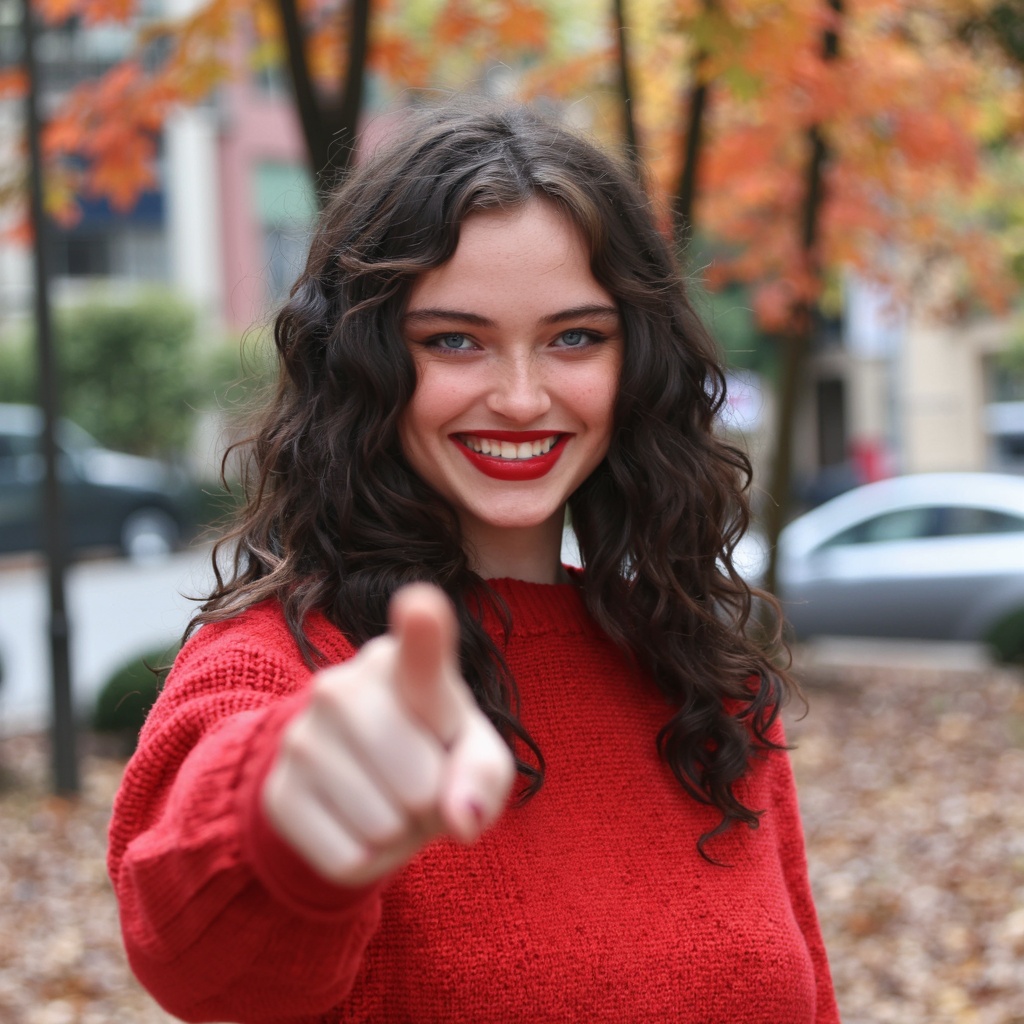 A portrait sydney_melman outdoors during autumn. She has long, curly hair and wears a vibrant red sweater. Her makeup is bold, featuring bright red lipstick. She is smiling and pointing directly at the camera with her right hand. The background is a blurred urban setting with trees displaying orange and yellow leaves, indicating fall. The ground is covered with fallen leaves, and a parked car is visible in the distance. The image is candid and natural, capturing a moment of joy and connection with nature.
