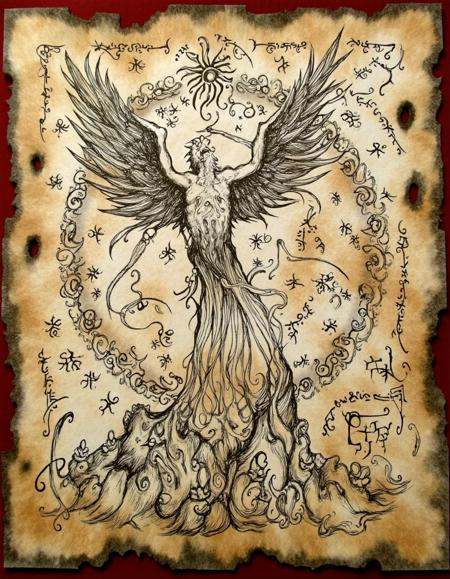 ncrnmcn,  On a stained piece of parchment,  an illustration of a phoenix rising from its ashes takes center stage. Its win...