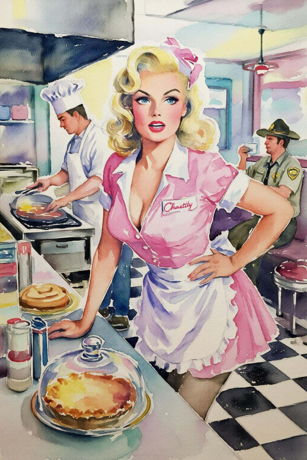 watercolorbasic2q watercolor painting. Silmas. A waitress named "Chastity" standing behind the formica counter of a sun-dr...
