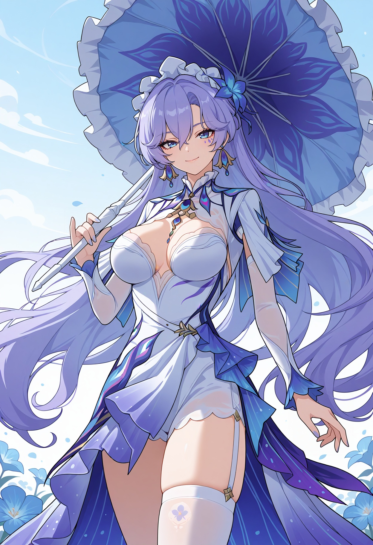 Cantarella \(wuthering waves\),1girl,breasts,solo,umbrella,long hair,white dress,holding umbrella,holding,blue eyes,single thighhigh,large breasts,white thighhigh,jewelry,looking at viewer,smile,blue hair,cleavage,earrings,purple hair,hair ornament,very long hair,closed mouth,flower,hair flower,hair between eyes,<lora:Cantarella_v1.0_illustrious-000018:1>,facial_mark