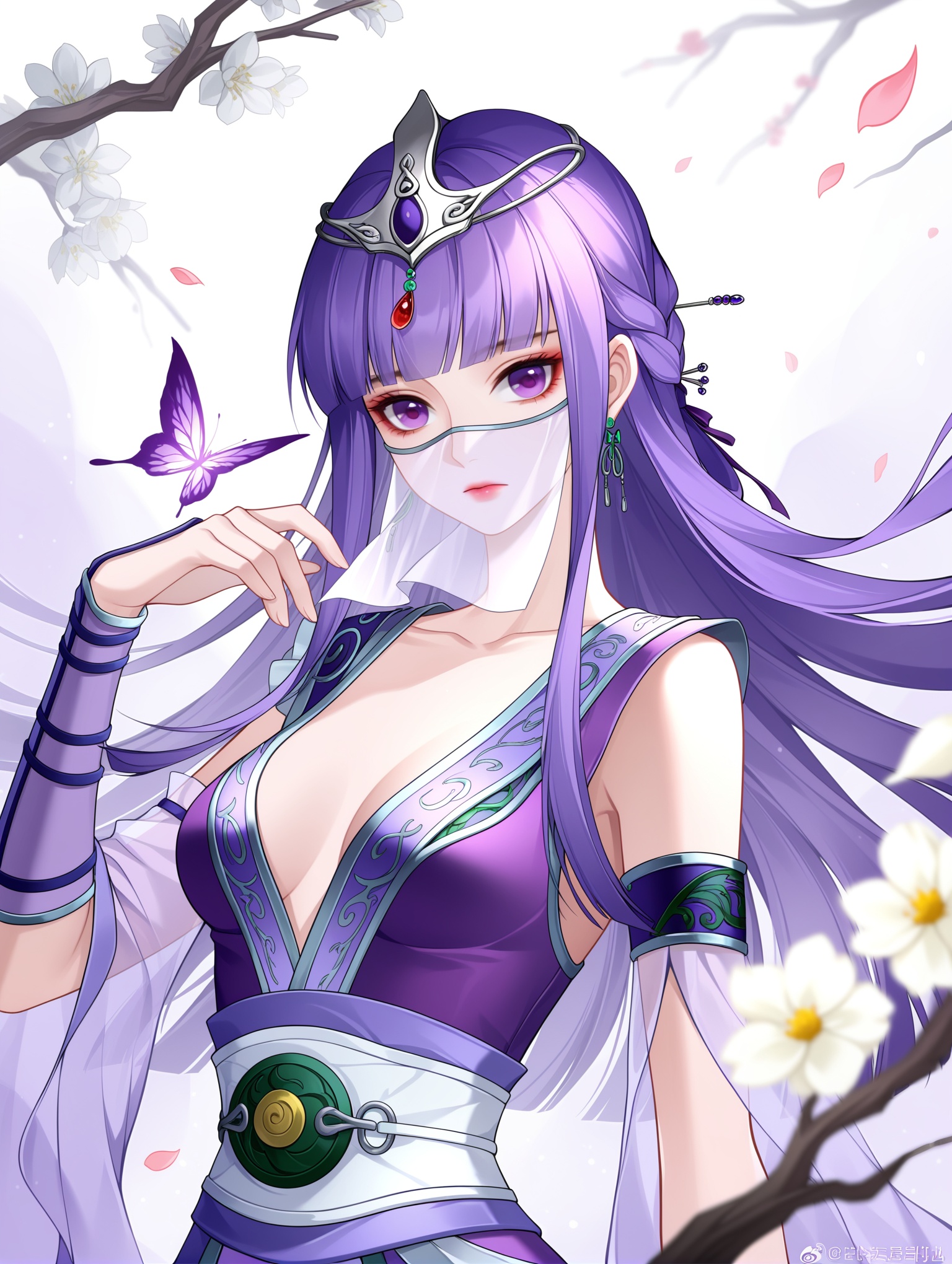 1girl,shao siming \(qinshi mingyue\),qinshi mingyue,asymmetrical sleeves,branch,bug,butterfly,closed mouth,expressionless,falling petals,hair ornament,long hair,mouth veil,petals,purple eyes,purple hair,sash,single hair ring,solo,upper body,veil,white background,hair rings,tiara,breasts,see-through,,purple dress,hairpin,medium breasts,purple butterfly,bare shoulders,ribbon,armband,asymmetrical clothes,glowing butterfly,white sash,hand up,looking at viewer,breasts apart,flower,see-through sleeves,jewelry,long sleeves,white flower,dress,pink lips,earrings,detached sleeves,floating hair,purple ribbon,depth of field, abstract background, ,masterpiece,best quality,amazing quality,