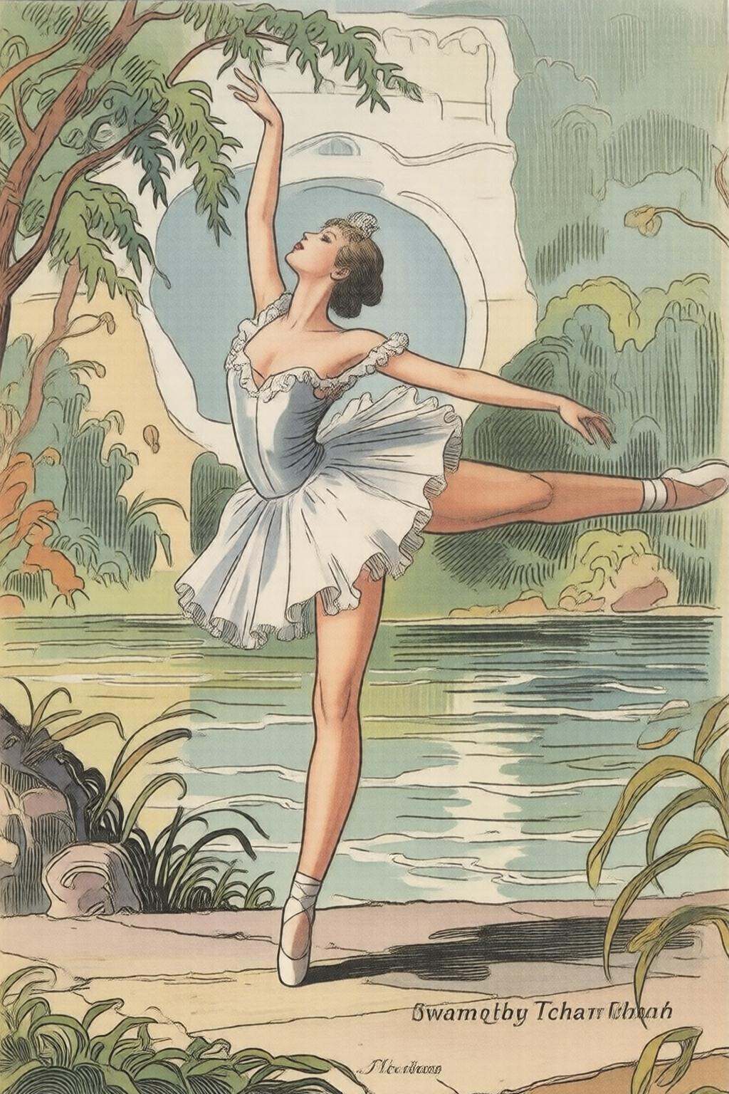 milomanara7q illustration. A ballerina dancing in a scene from Swam Lake by Tchaikovsky on Tensor.Art