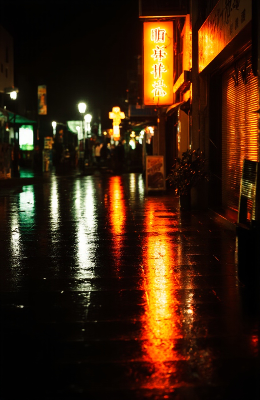 nighttime photograph of a wet reflective street in an Asian city illuminated by street lamps and neon signs. The street is...