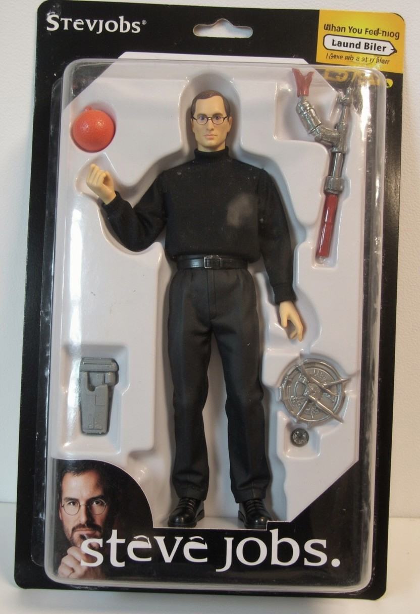The image is a photograph of a packaged action figure of Steve Jobs on Tensor.Art
