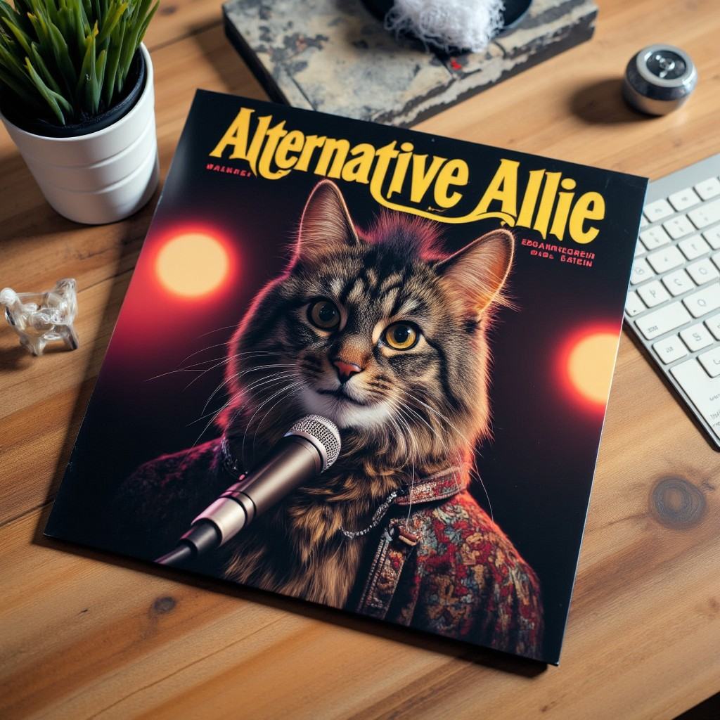 This image is a photograph of a vinyl record cover titled "Alternative Allie" in a punk rock font on a wooden table,  feat...
