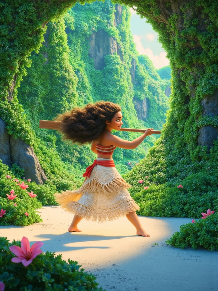 A cinematic and vibrant photograph of Moana set in a lush,  tropical Polynesian landscape with intricate foliage and subtl...