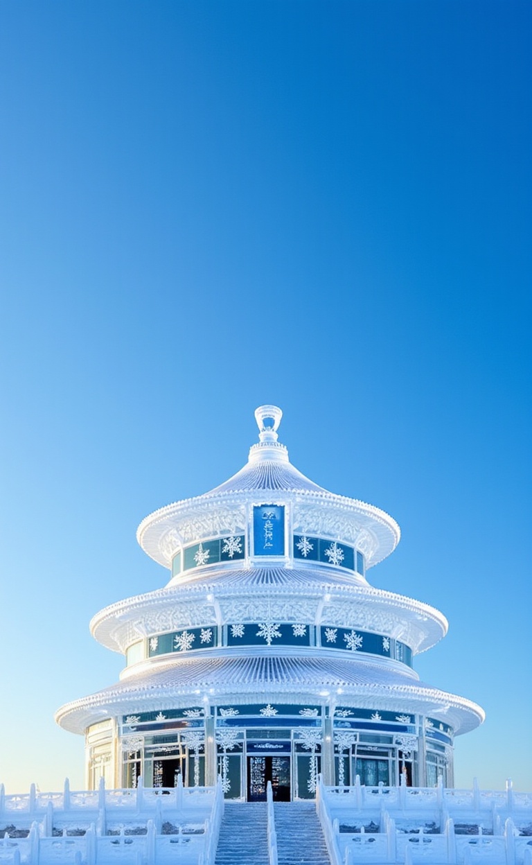 miluo_bing,Ice Sculpture Art, This is a photograph of the Temple of Heaven in Beijing, China, during winter. The image captures the iconic three-tiered circular building made entirely of ice, with intricate carvings and decorations. The structure is meticulously detailed, with snowflakes and traditional Chinese motifs etched into the ice. The building's roof features a series of eaves and finials, all coated in a thin layer of ice, creating a sparkling, crystal-like effect. The sky behind the temple is clear and blue, enhancing the purity and brightness of the ice structure. The temple's base is adorned with a row of snow-covered pillars, adding to the wintry aesthetic. The overall scene is serene and majestic, showcasing the beauty of traditional architecture combined with the ephemeral nature of ice. The photograph is taken in daylight, with the sun casting soft shadows and highlights on the ice, emphasizing its texture and transparency.<lora:冰雕艺术-flux-1.4:1>