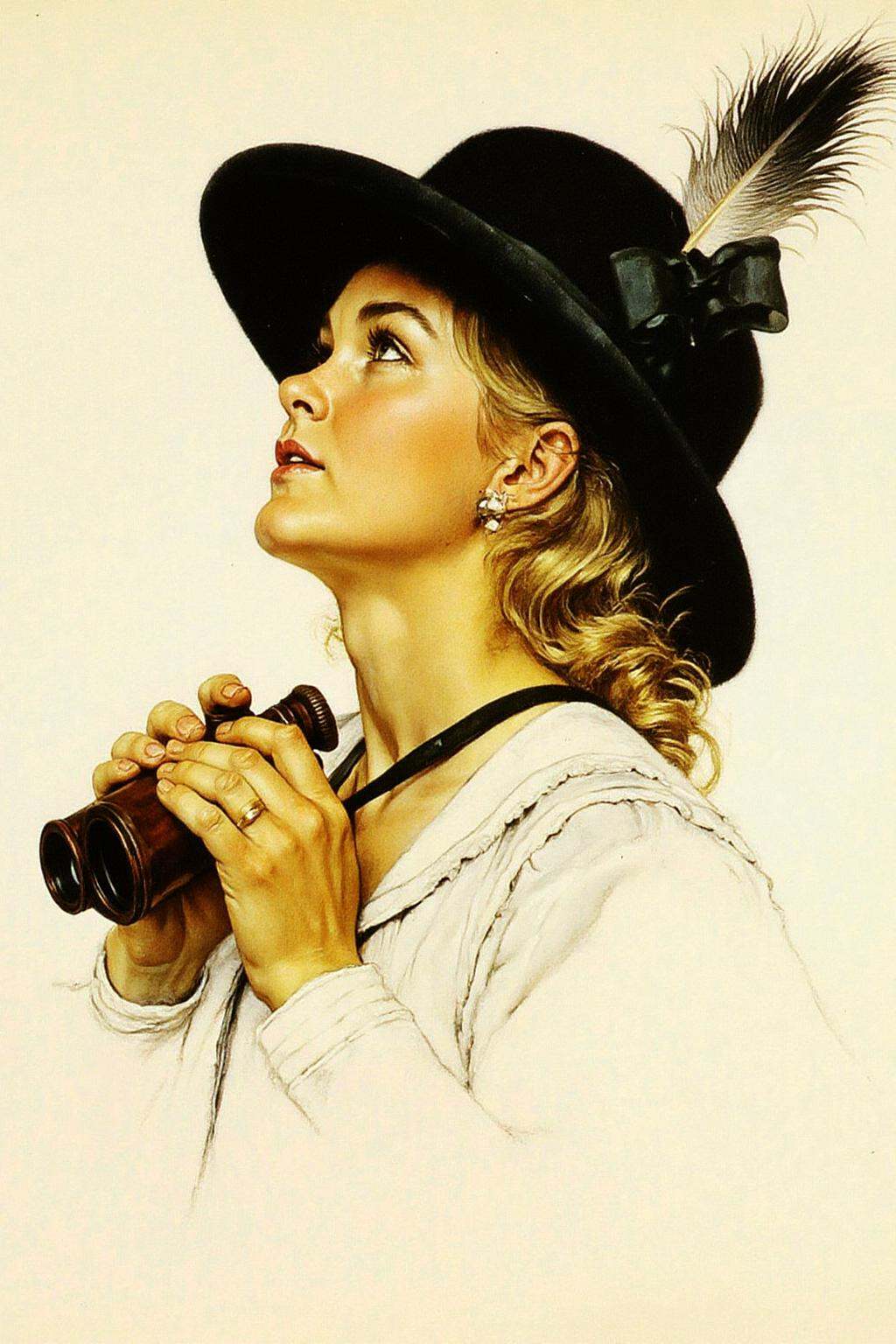 normanrockwell1 painting.hafisher1. A woman looking up at the sky. She has light,  wavy,  golden-blonde hair peeking out f...
